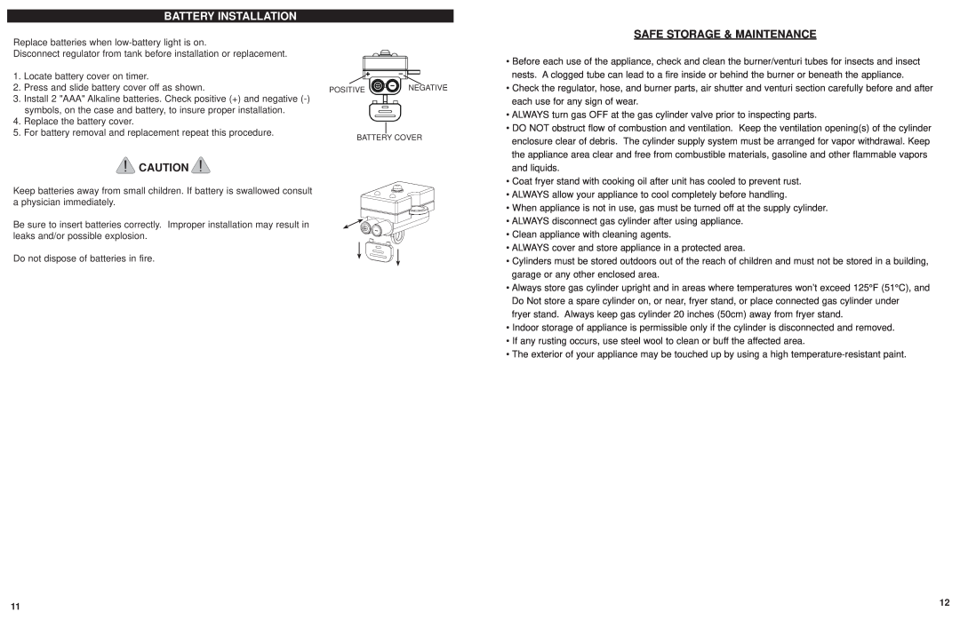 Masterbuilt 20020107 instruction manual Battery Installation, Safe Storage & Maintenance 