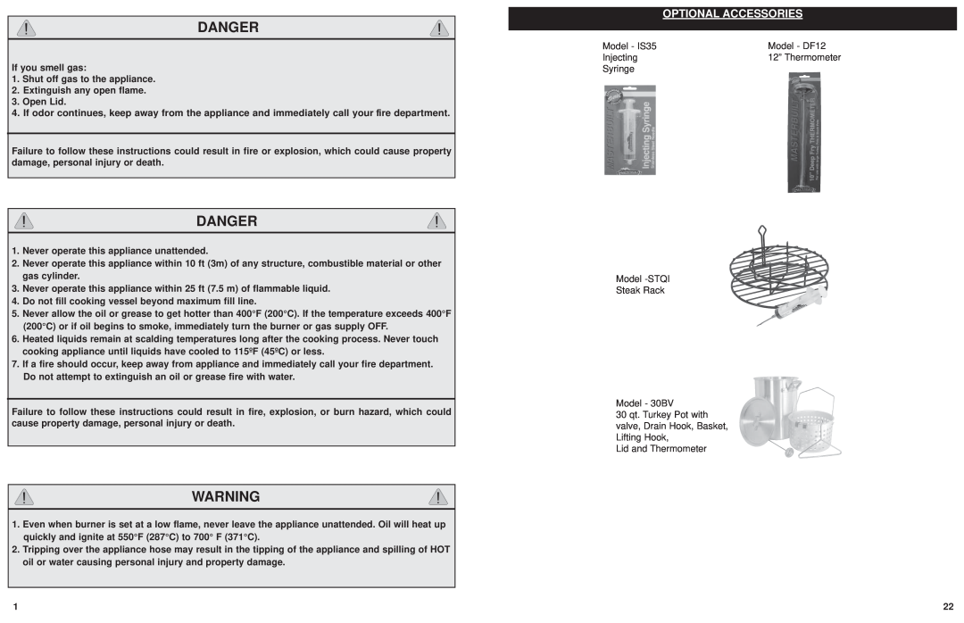 Masterbuilt 20020107 instruction manual Danger, Optional Accessories 