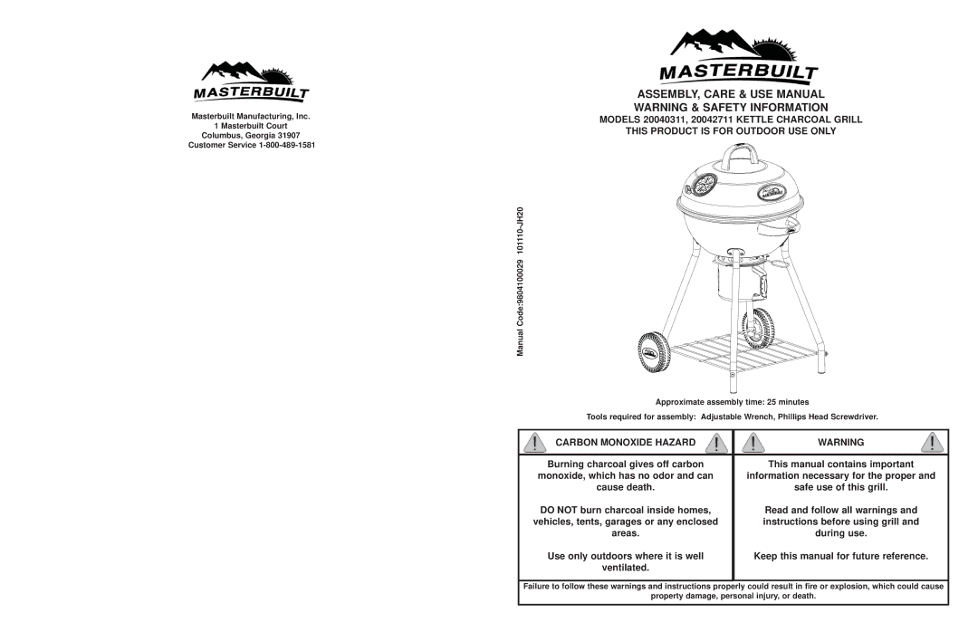 Masterbuilt 20042711, 20040311 manual ASSEMBLY, Care & USE Manual, Carbon Monoxide Hazard 