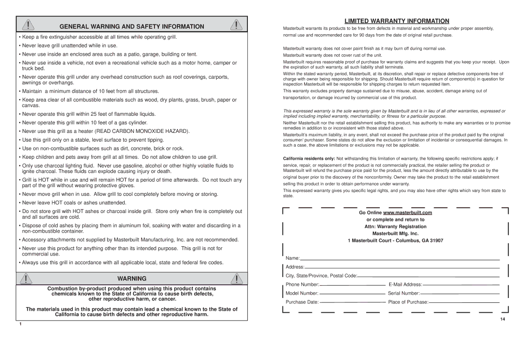 Masterbuilt 20040311, 20042711 manual General Warning and Safety Information, Limited Warranty Information 
