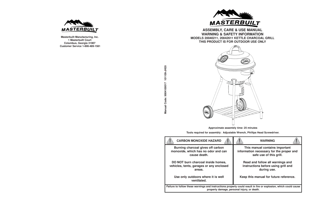 Masterbuilt 20040211, 20042611 manual ASSEMBLY, Care & USE Manual, Carbon Monoxide Hazard 