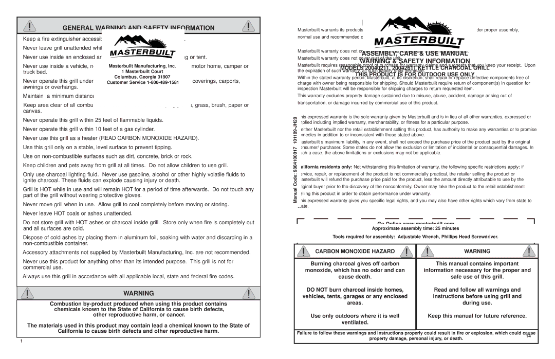 Masterbuilt 20042611, 20040211 manual General Warning and Safety Information, Limited Warranty Information 