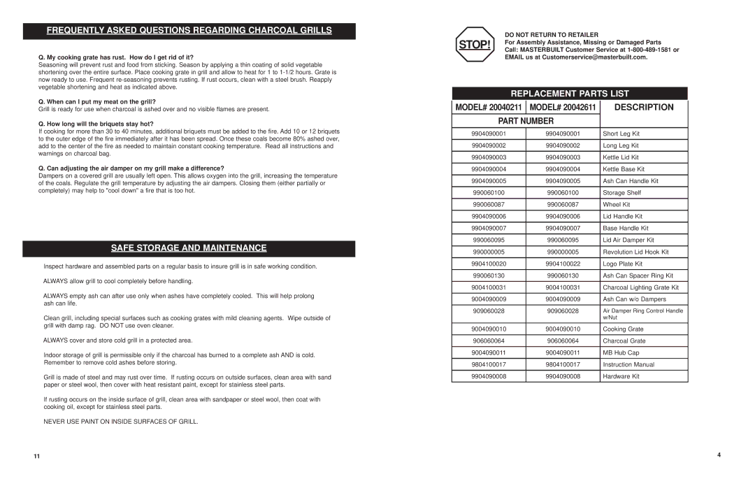 Masterbuilt 20040211 manual Frequently Asked Questions Regarding Charcoal Grills, Safe Storage and Maintenance, Description 