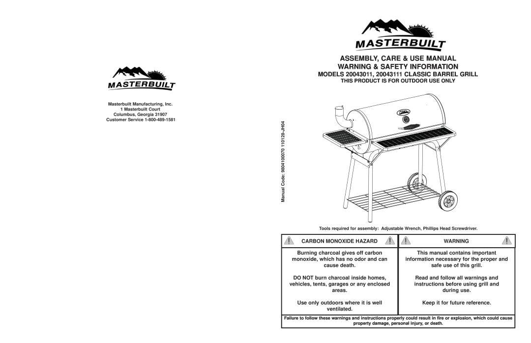 Masterbuilt manual MODELS 20043011, 20043111 CLASSIC BARREL GRILL 
