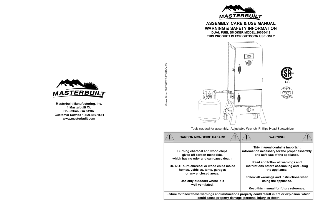 Masterbuilt 20050412 manual Dual Fuel Smoker Model This Product is for Outdoor USE only, Carbon Monoxide Hazard 