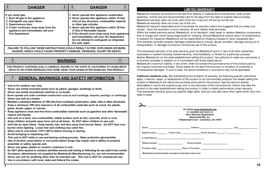 Masterbuilt 20050412 manual General Warnings and Safety Information, Limited Warranty 