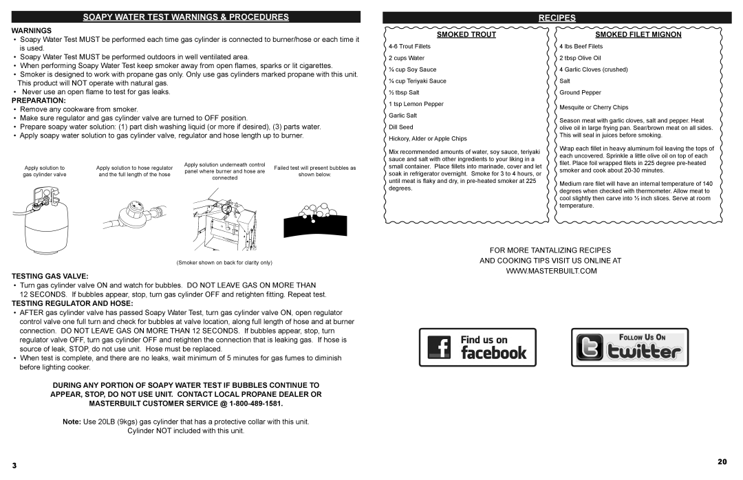 Masterbuilt 20050412 manual Soapy Water Test Warnings & Procedures Recipes 