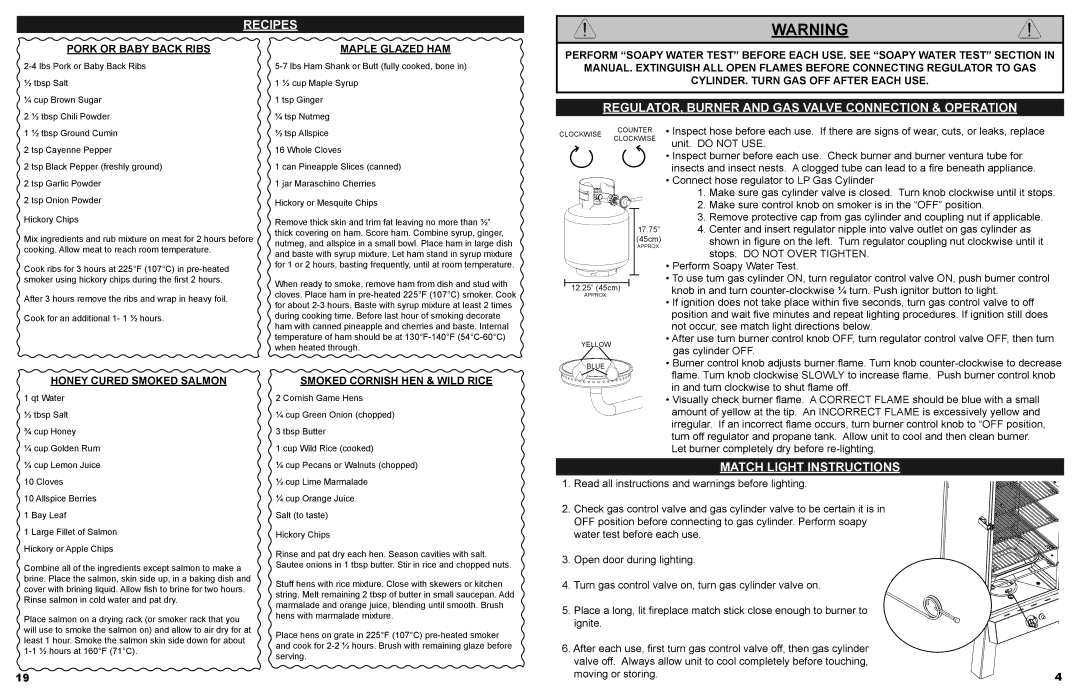 Masterbuilt 20050412 manual REGULATOR, Burner and GAS Valve Connection & Operation, Match Light Instructions 