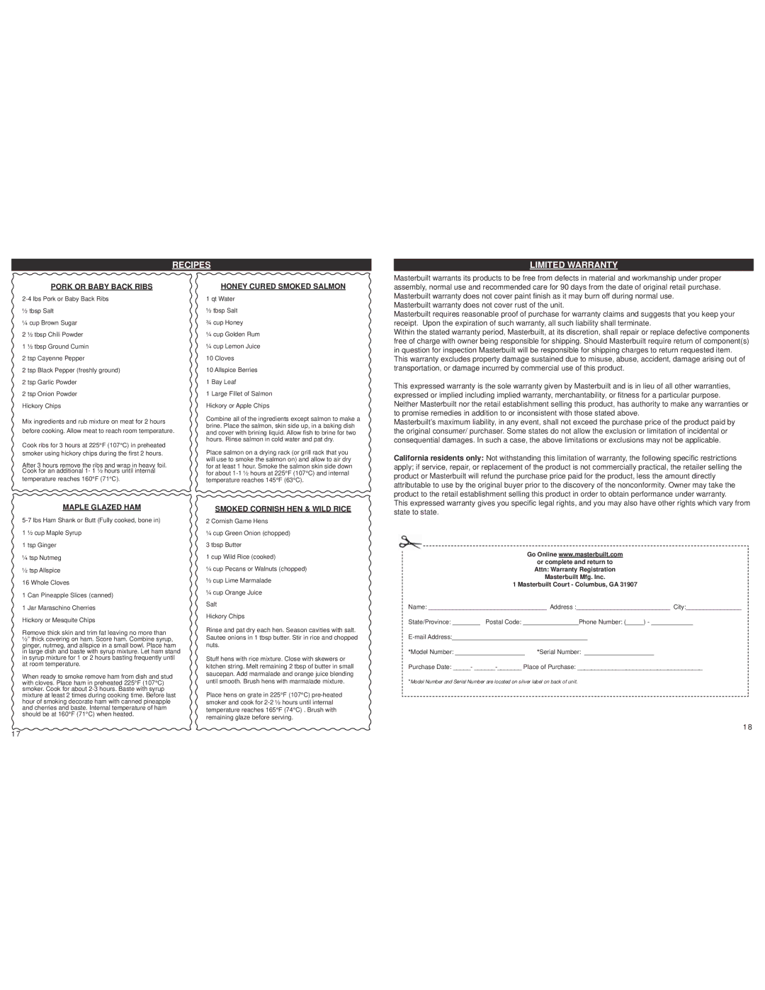 Masterbuilt 20051011 manual Recipes Limited Warranty, Pork or Baby Back Ribs, Honey Cured Smoked Salmon, Maple Glazed HAM 