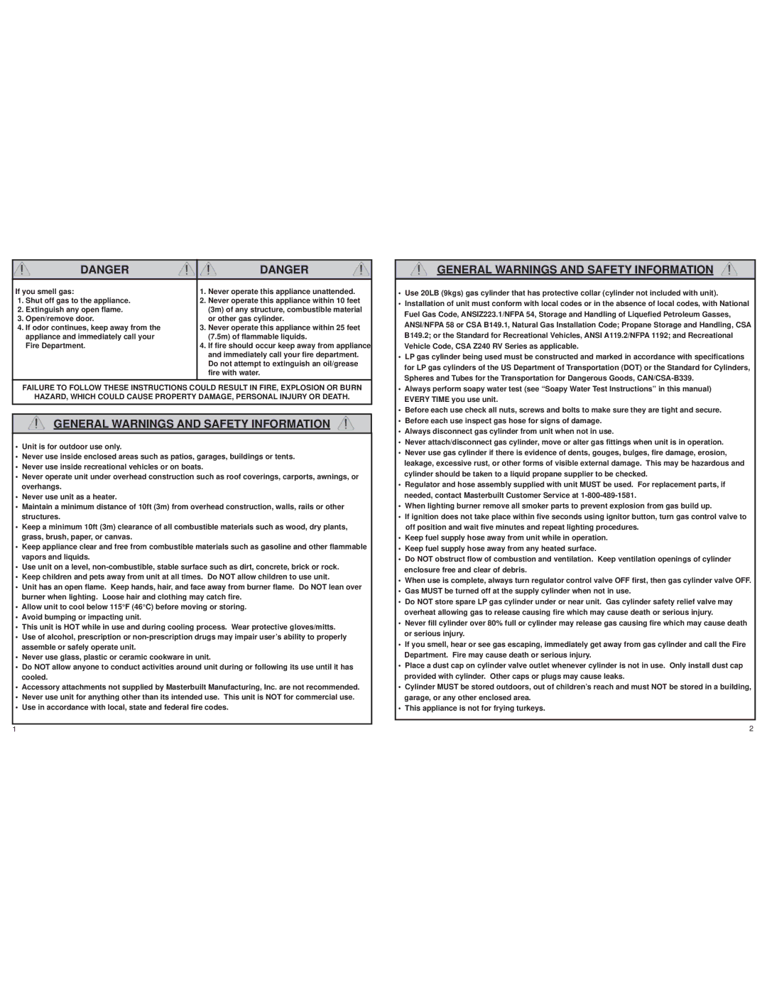 Masterbuilt 20051011 manual General Warnings and Safety Information 