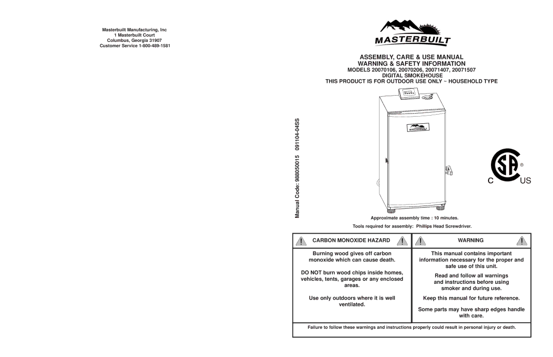 Masterbuilt 20070106, 20070206, 20071507, 20071407 manual ASSEMBLY, Care & USE Manual, Carbon Monoxide Hazard 