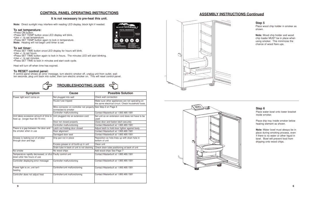 Masterbuilt 20071407 Control Panel Operating Instructions, Troubleshooting Guide, To set timer, To Reset control panel 