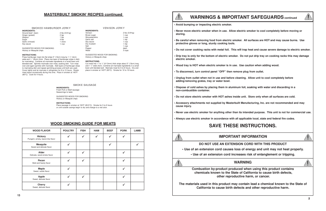 Masterbuilt 20071407 WARNINGS & IMPORTANT SAFEGUARDS continued, Save These Instructions, Wood Smoking Guide For Meats 