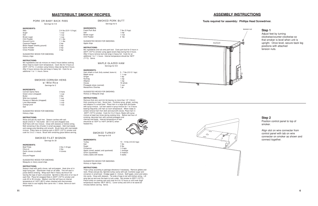 Masterbuilt 20070106 manual Masterbuilt Smokin’ Recipes, Assembly Instructions, Step, Adjust feet by turning, tension nuts 