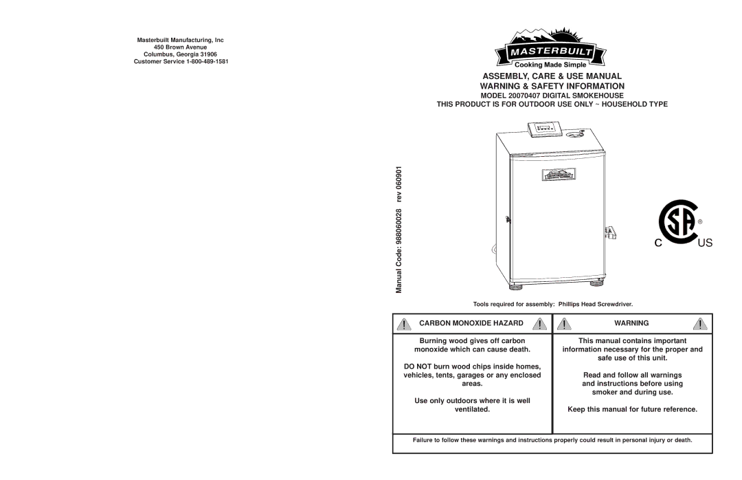 Masterbuilt 20070407 manual ASSEMBLY, Care & USE Manual, Carbon Monoxide Hazard 