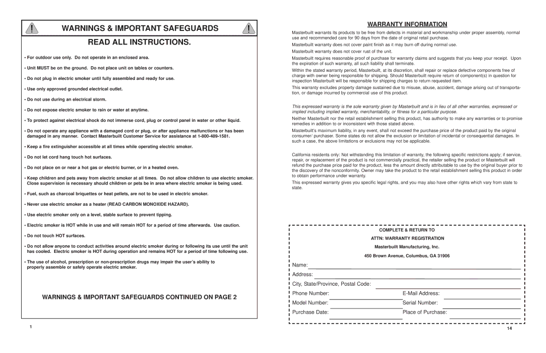 Masterbuilt 20070407 manual Warranty Information, Masterbuilt Manufacturing, Inc Brown Avenue, Columbus, GA 