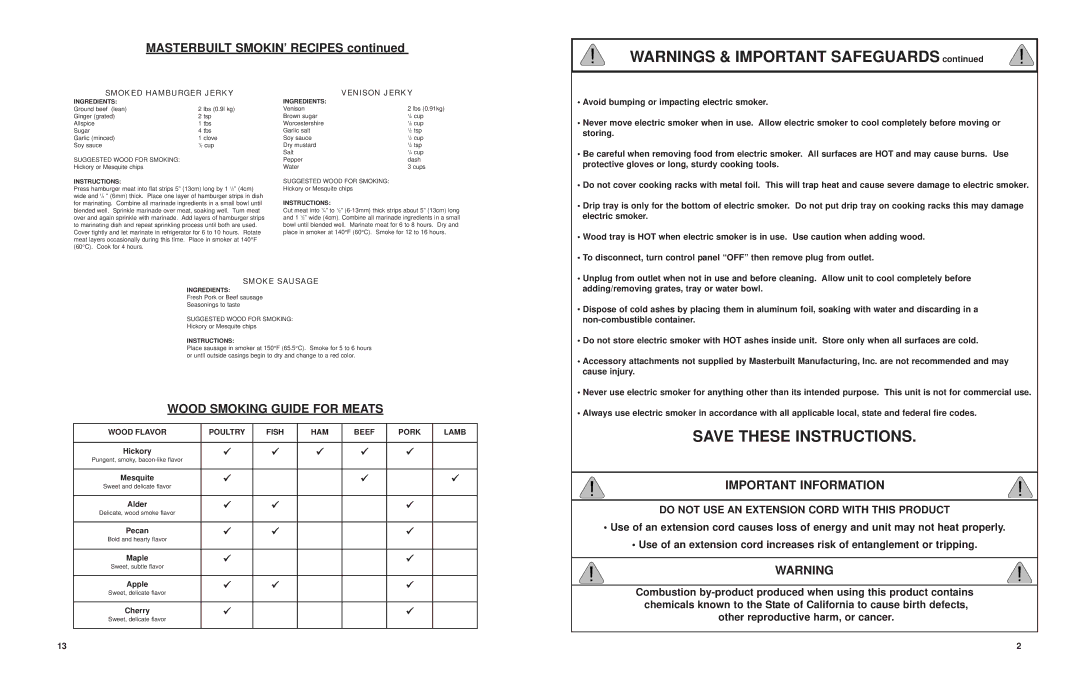 Masterbuilt 20070407 manual Masterbuilt SMOKIN’ Recipes, Wood Smoking Guide for Meats, Important Information 