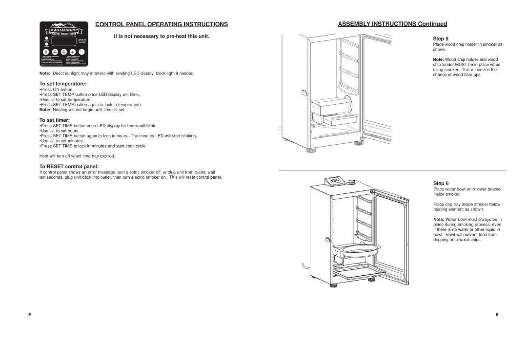 Masterbuilt 20070407 manual Control Panel Operating Instructions, To set timer, To Reset control panel 