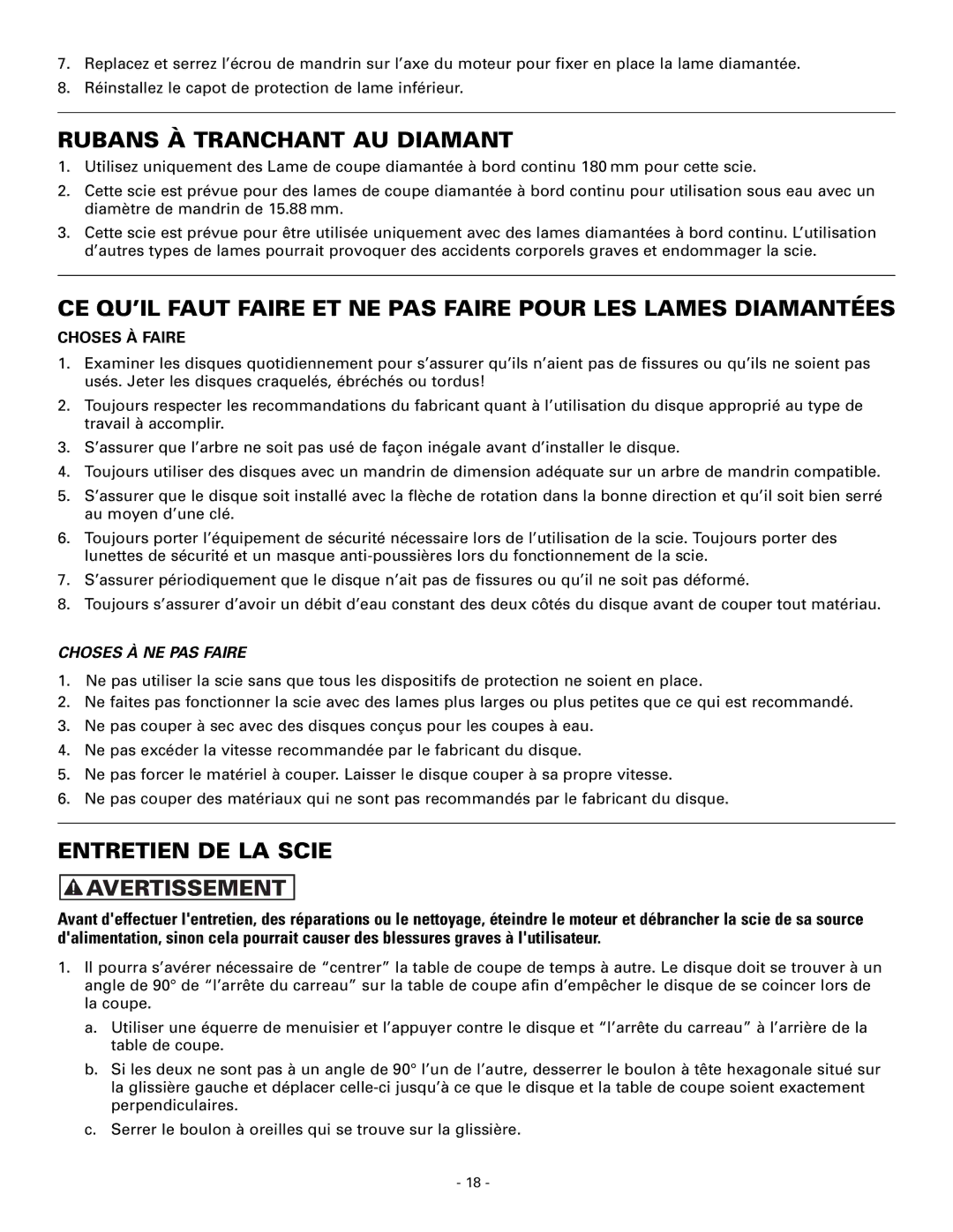 Masterbuilt 60089 owner manual Rubans À Tranchant AU Diamant, Entretien DE LA Scie 