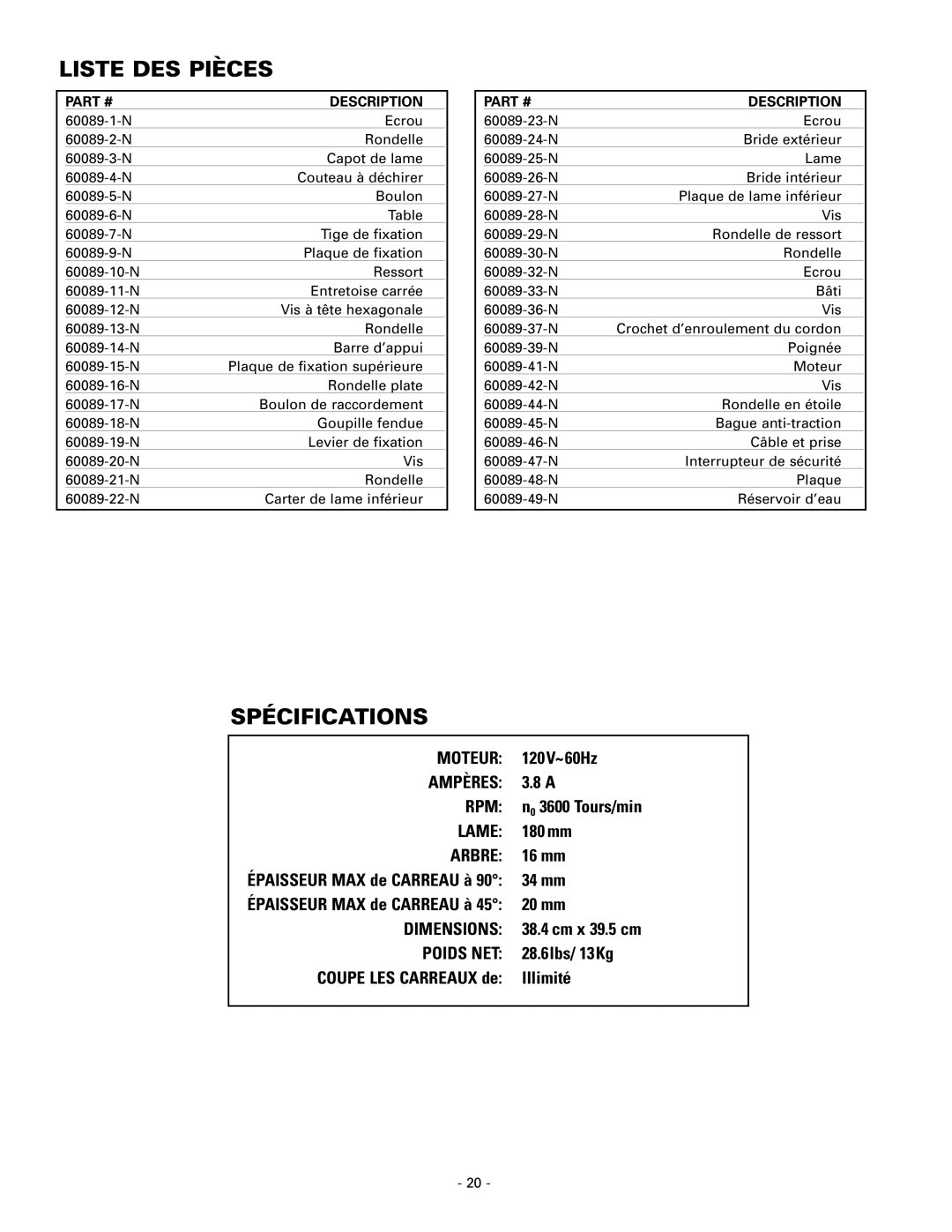 Masterbuilt 60089 owner manual Liste DES Pièces, Spécifications 