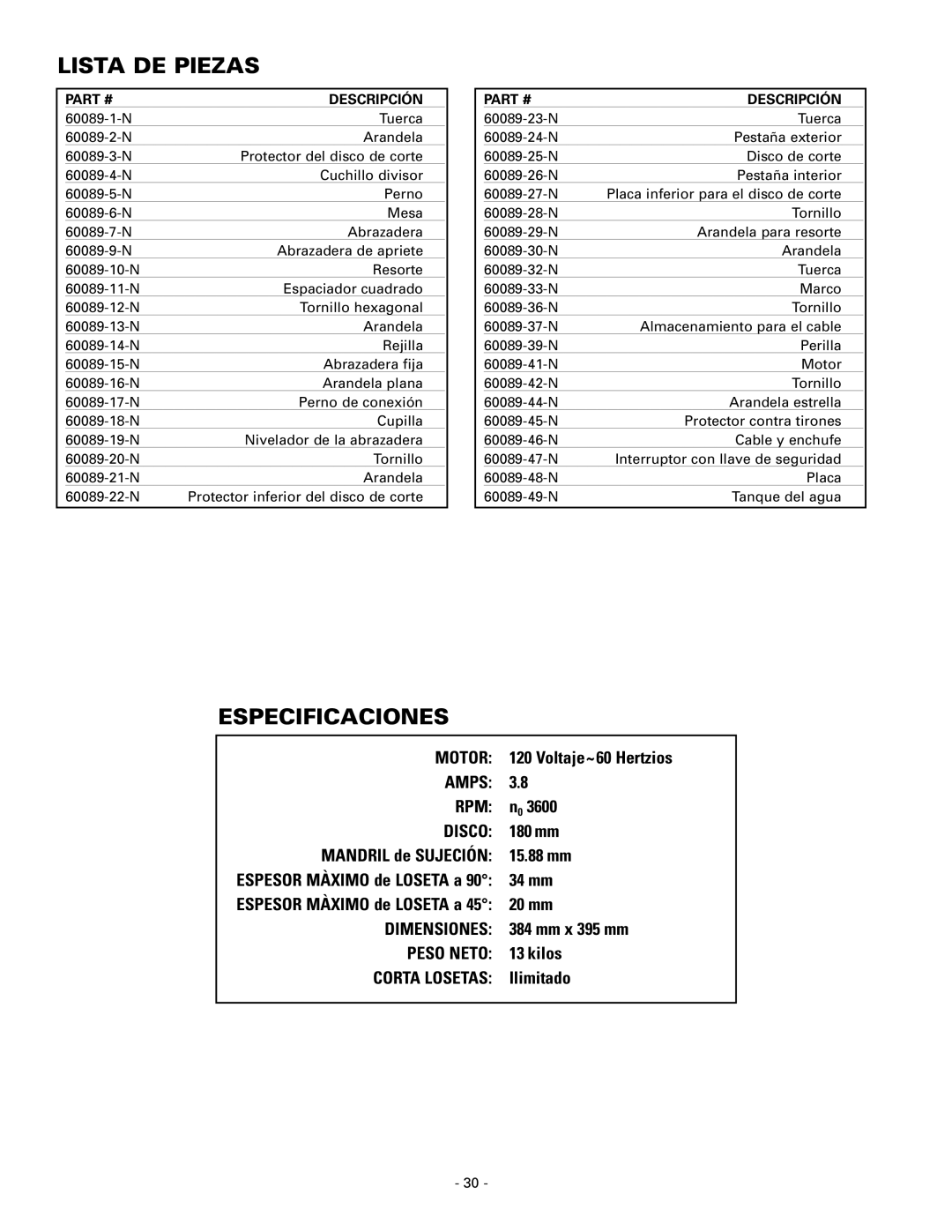 Masterbuilt 60089 owner manual Lista DE Piezas, Especificaciones 