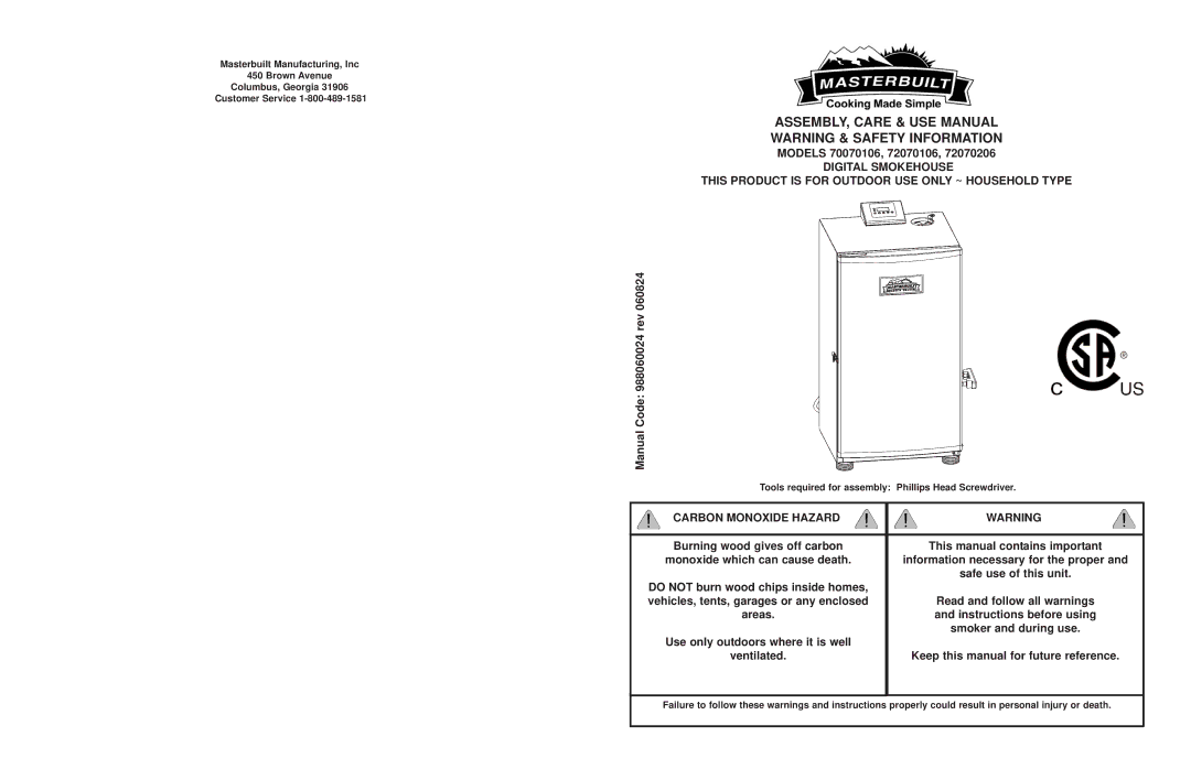 Masterbuilt 70070106, 72070206, 72070106 manual ASSEMBLY, Care & USE Manual, Carbon Monoxide Hazard 