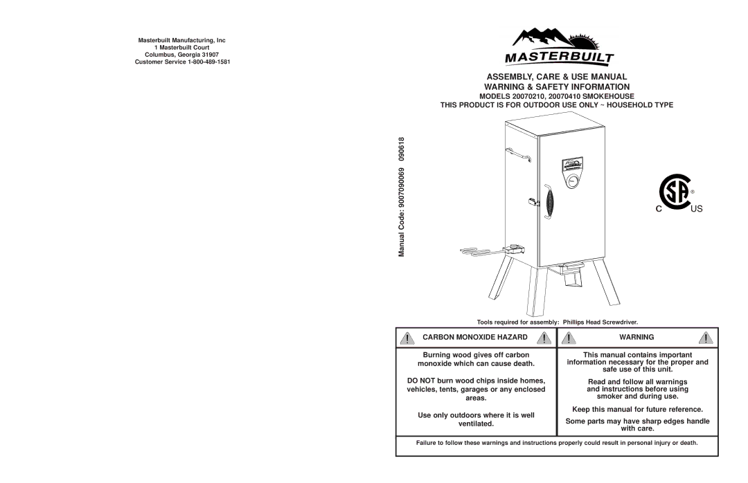 Masterbuilt 20070410, 9007090069090618, 20070210, ESQ3082 manual ASSEMBLY, Care & USE Manual 