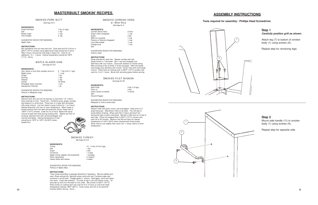 Masterbuilt 20070410, 9007090069090618, 20070210, ESQ3082 manual Masterbuilt SMOKIN’ Recipes Assembly Instructions, Step 