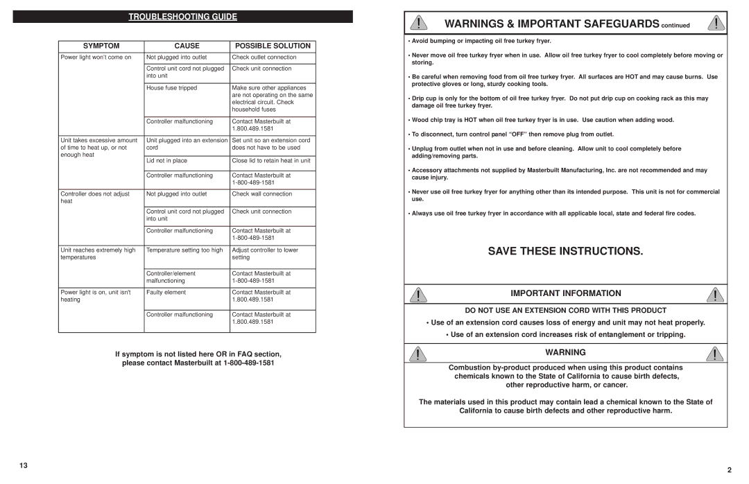 Masterbuilt 20100809, 9010090017090317 Important Information, Troubleshooting Guide, Symptom Cause Possible Solution 