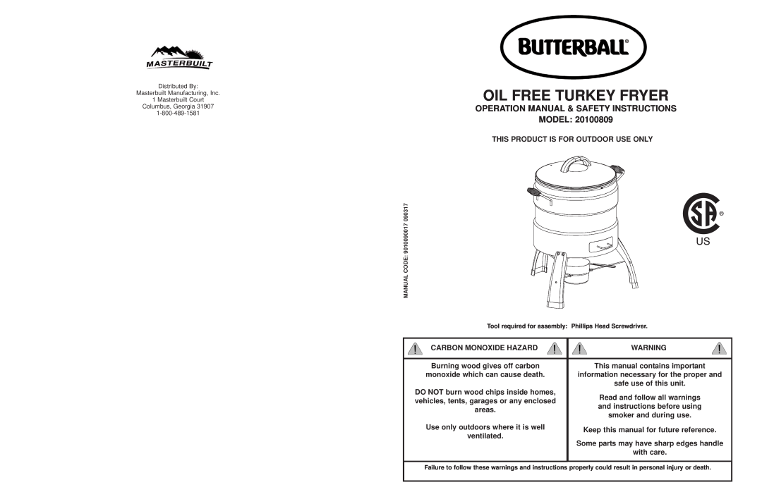 Masterbuilt 20100809 operation manual Operation Manual & Safety Instructions Model, Oil Free Turkey Fryer 