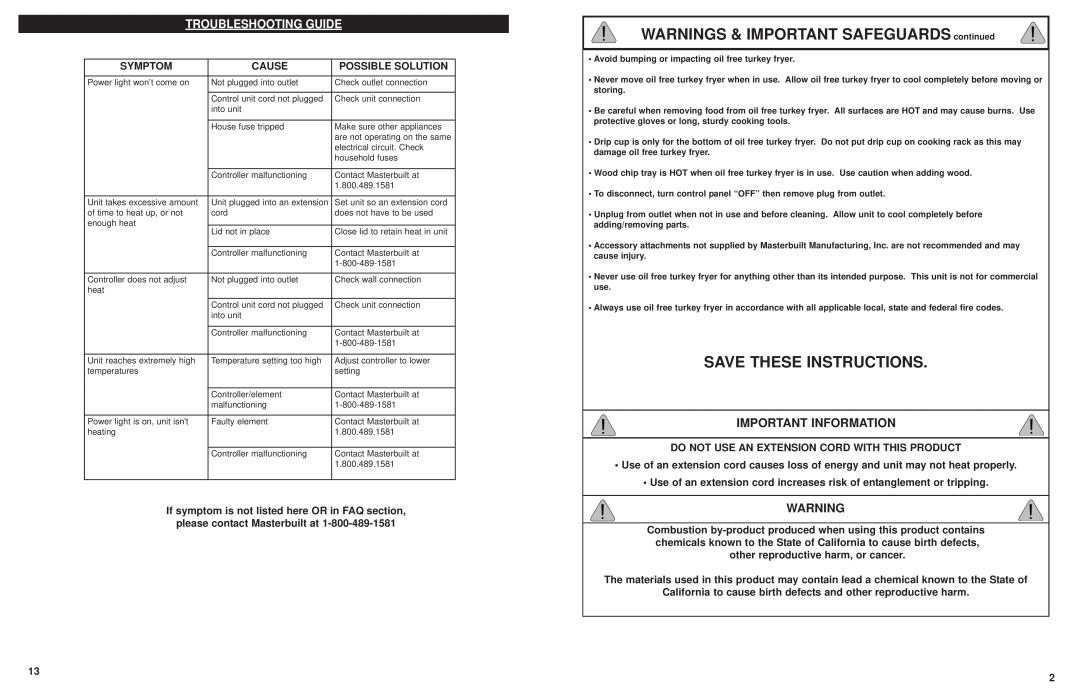Masterbuilt 20100809 WARNINGS & IMPORTANT SAFEGUARDS continued, Save These Instructions, Important Information 
