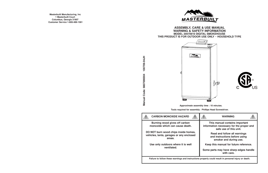 Masterbuilt 20070910, 9807090004100709-04JH manual ASSEMBLY, Care & USE Manual 