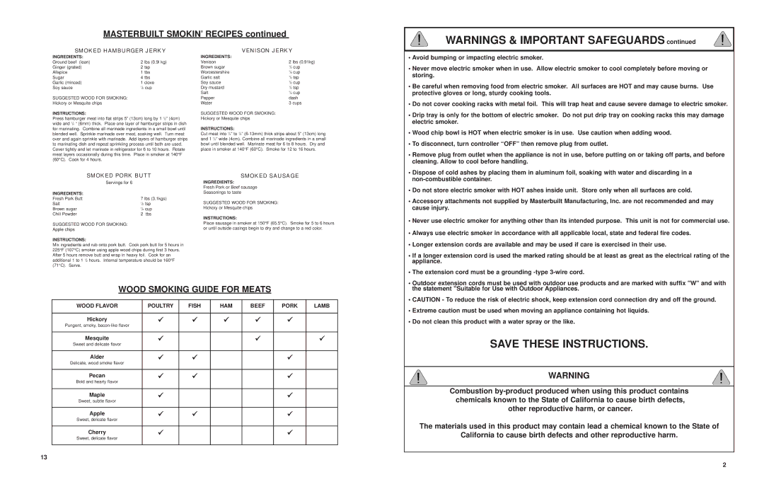 Masterbuilt 20070910, 9807090004100709-04JH manual Masterbuilt SMOKIN’ Recipes, Wood Smoking Guide for Meats 