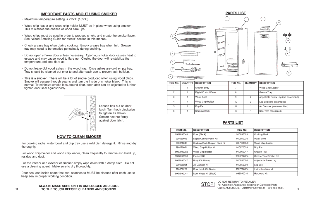 Masterbuilt 20070910 Important Facts about Using Smoker, HOW to Clean Smoker, Parts List, Item no Quantity Description 