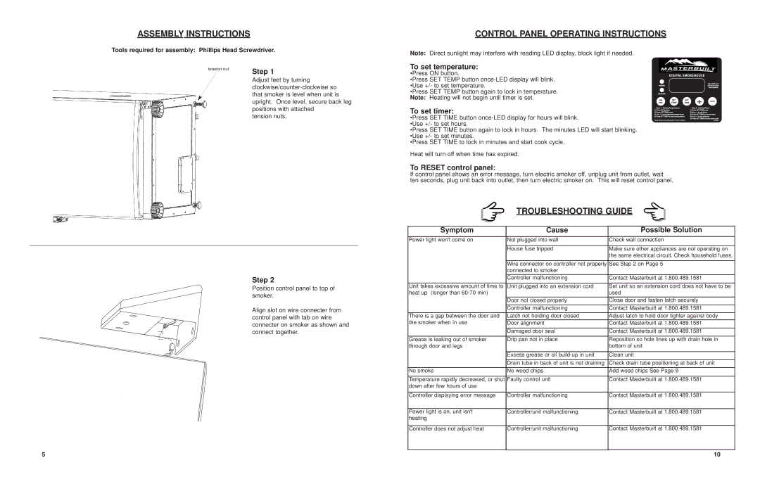 Masterbuilt 9807090004100709-04JH manual Assembly Instructions, Control Panel Operating Instructions, Troubleshooting Guide 