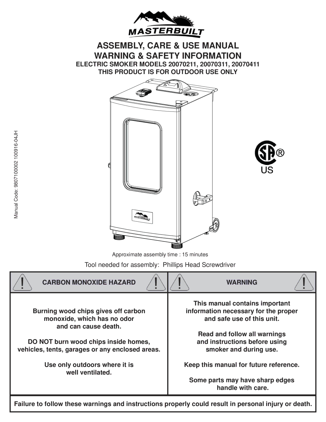 Masterbuilt 9807100002100916-04JH manual Electric Smoker Models 20070211, 20070311, This Product is for Outdoor USE only 