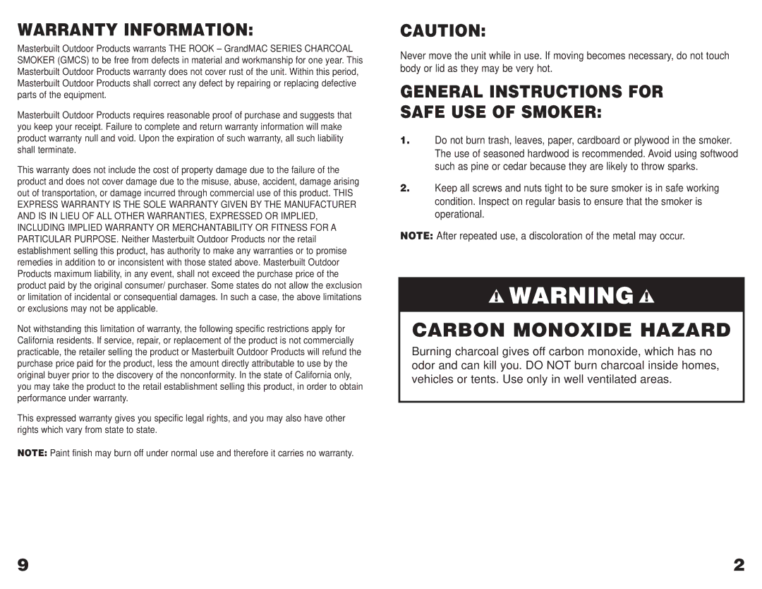 Masterbuilt GMCS operating instructions Carbon Monoxide Hazard, General Instructions for Safe USE of Smoker 