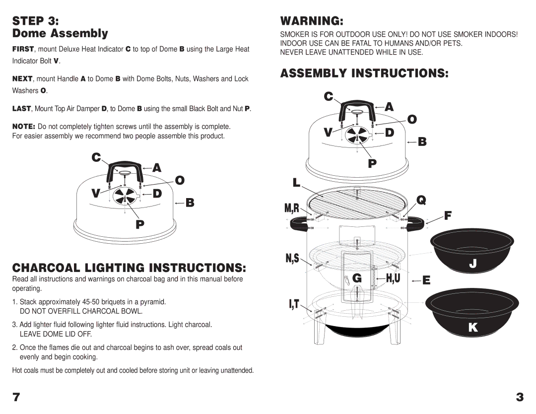 Masterbuilt GMCS operating instructions Step, Dome Assembly, Charcoal Lighting Instructions, Assembly Instructions 