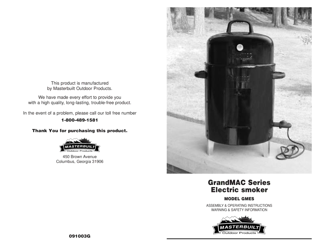 Masterbuilt GMES operating instructions GrandMAC Series Electric smoker, Model Gmes 