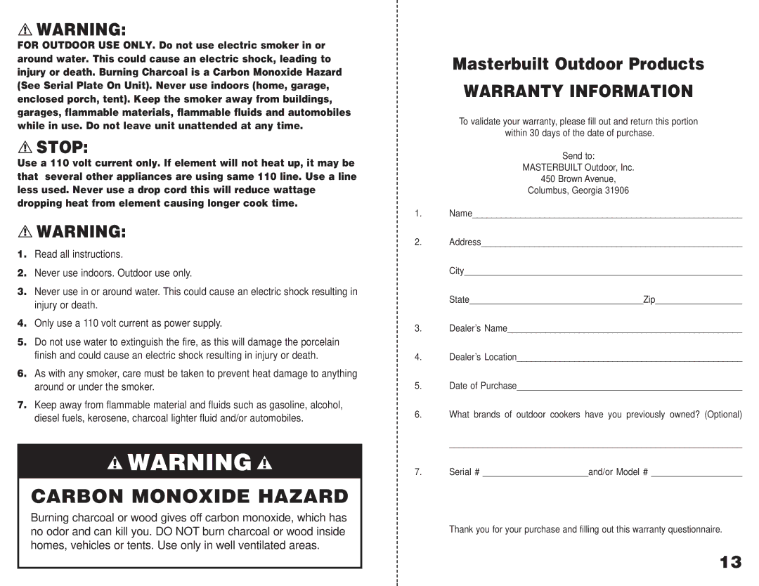 Masterbuilt GMES operating instructions Stop, Masterbuilt Outdoor Products, Warranty Information 