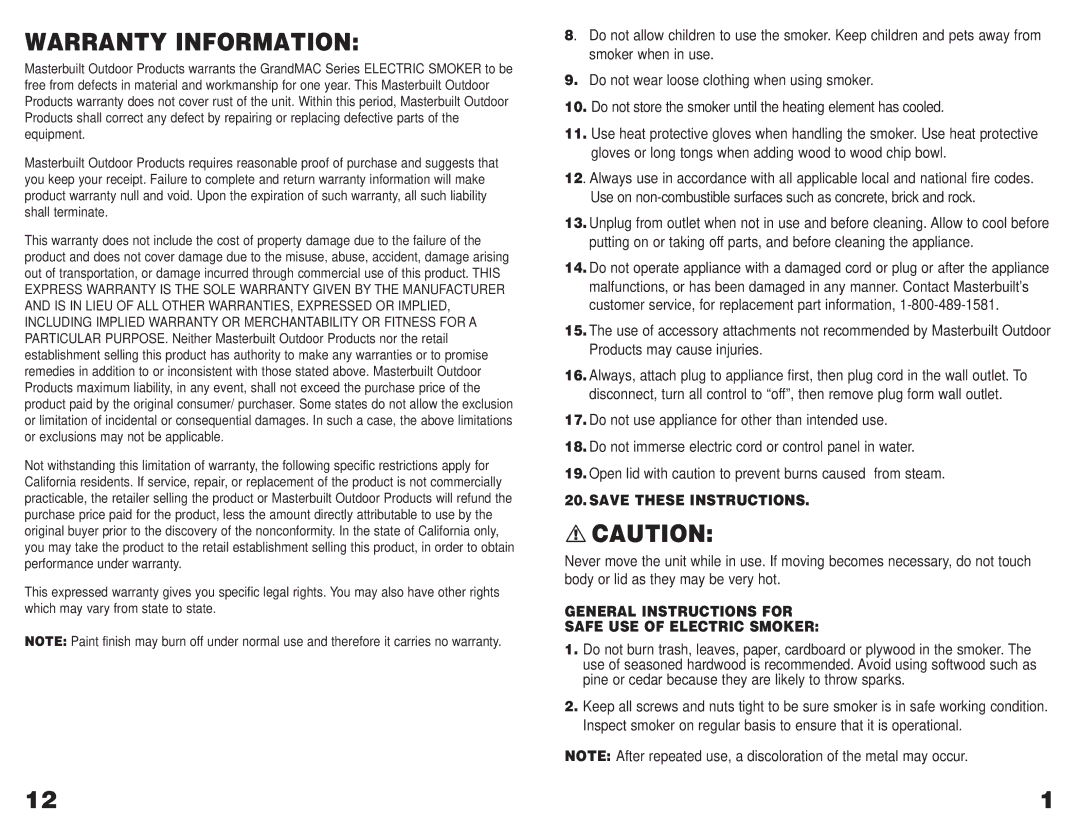 Masterbuilt GMES operating instructions General Instructions for Safe USE of Electric Smoker 