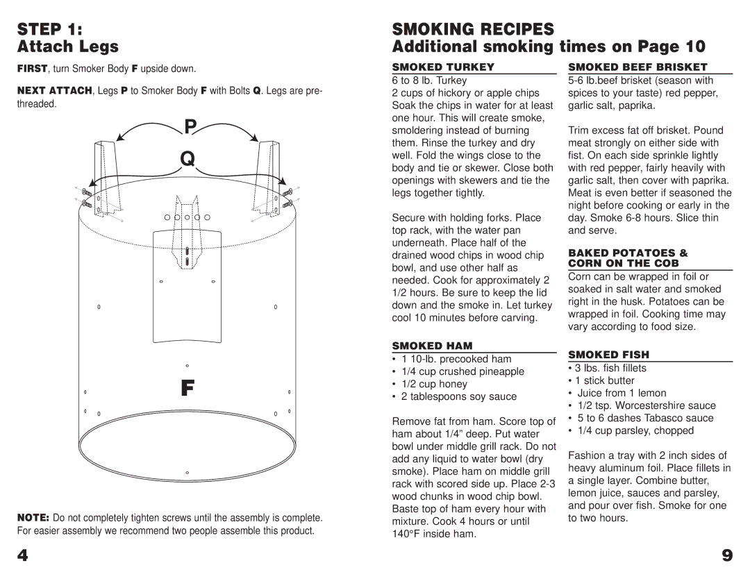 Masterbuilt GMES operating instructions Attach Legs, Smoking Recipes, Additional smoking times on 