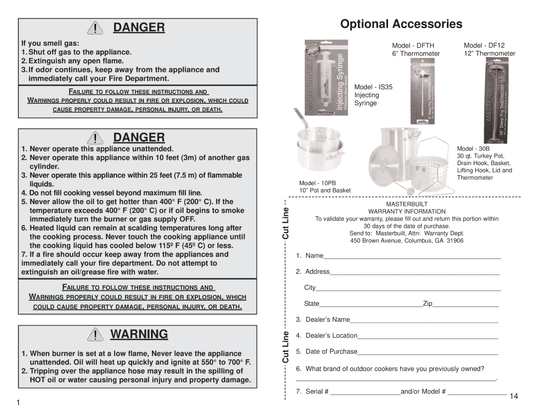 Masterbuilt MDCL manual Optional Accessories, Cut, Failure to Follow These Instructions 