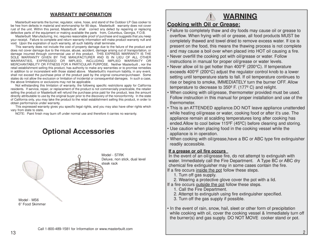 Masterbuilt MDCL manual Cooking with Oil or Grease, Warranty Information, If a grease or oil fire occurs 