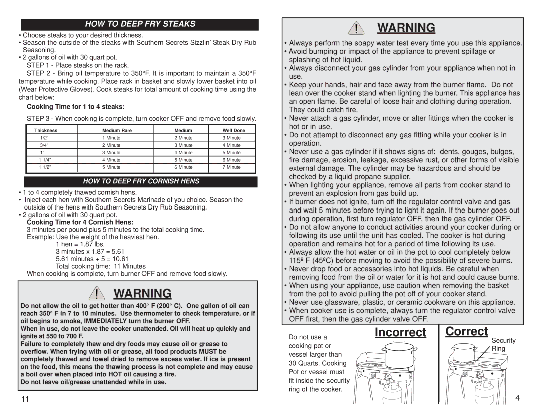 Masterbuilt MDCL manual Incorrect Correct, HOW to Deep FRY Steaks, Cooking Time for 1 to 4 steaks 