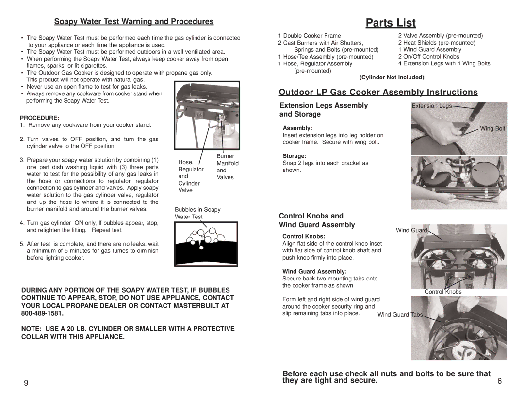 Masterbuilt MDCL manual Soapy Water Test Warning and Procedures, Extension Legs Assembly, Storage 