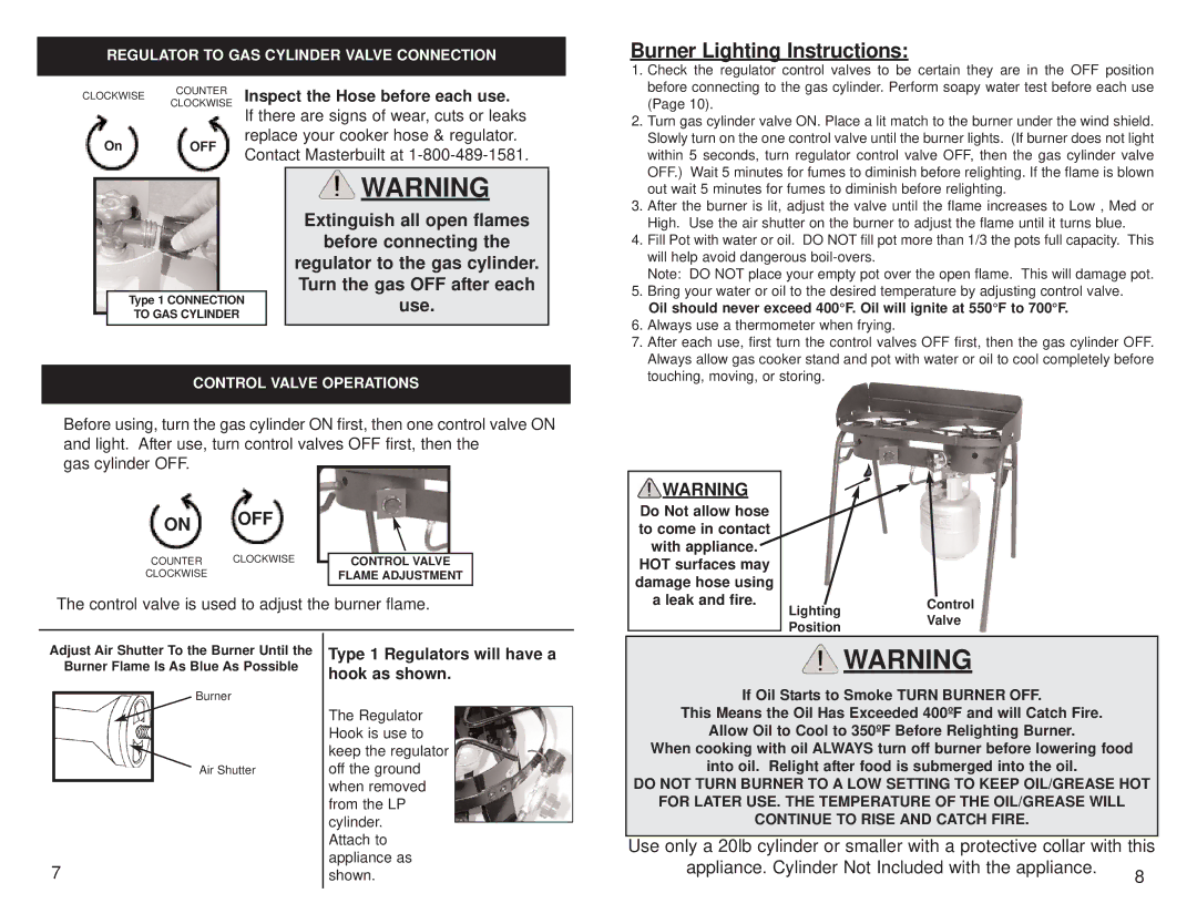 Masterbuilt MDCL manual Burner Lighting Instructions, On OFF, Inspect the Hose before each use 