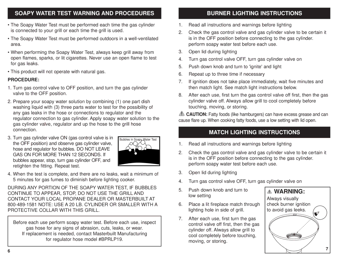 Masterbuilt SMPG3 Soapy Water Test Warning and Procedures, Burner Lighting Instructions, Match Lighting Instructions 