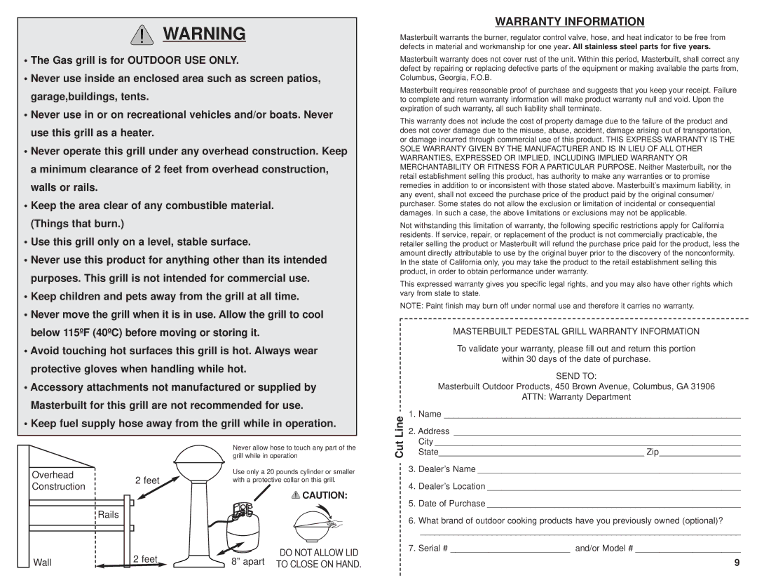 Masterbuilt SSSMPG warranty Line, Cut 