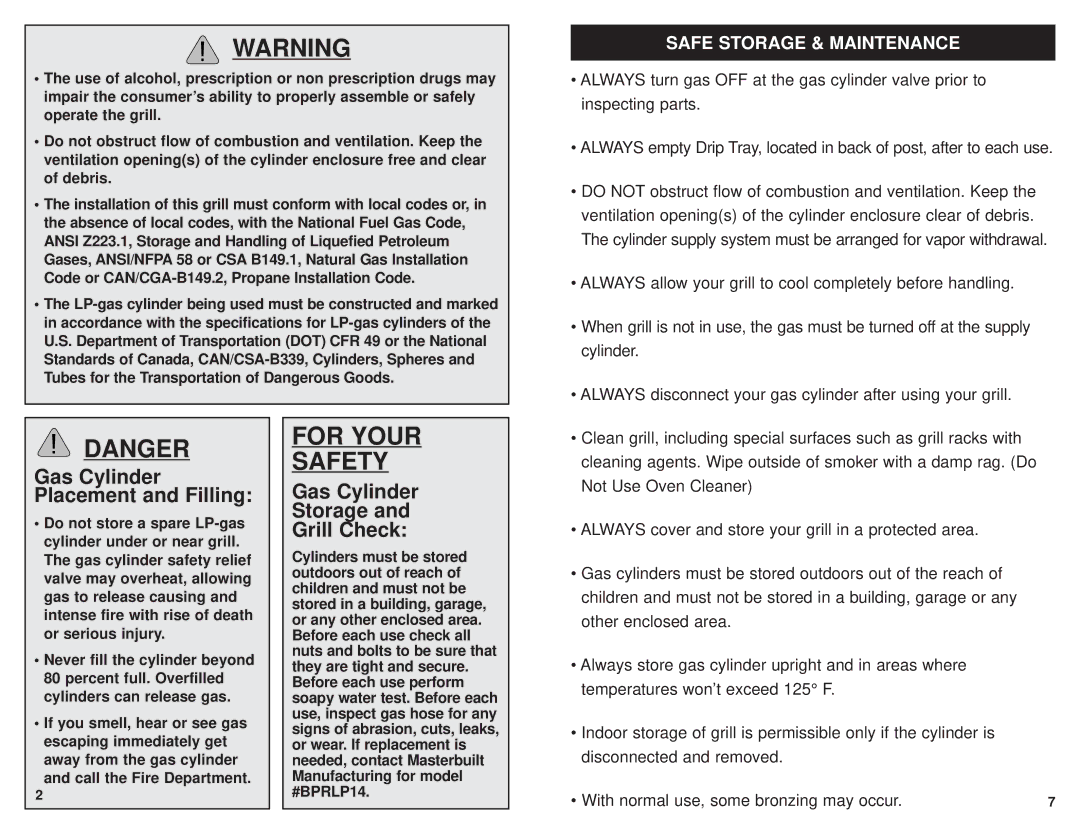 Masterbuilt SSSMPG warranty Gas Cylinder Placement and Filling, Safe Storage & Maintenance 